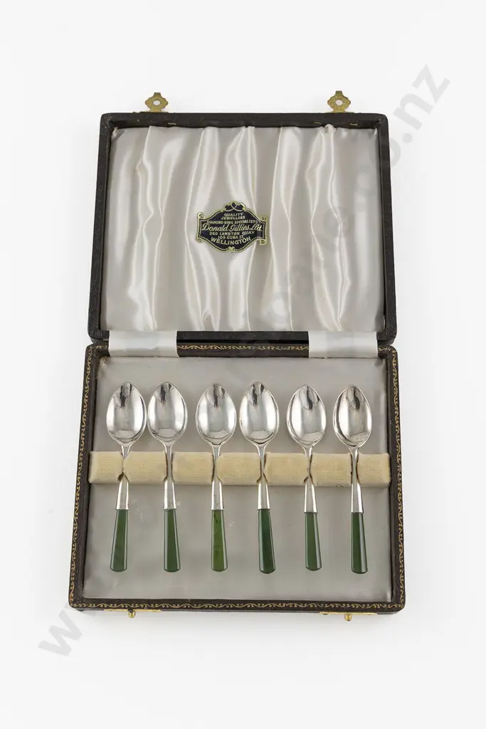 Cased Set Six S/S Greenstone Handled Coffee Spoons Image 1++