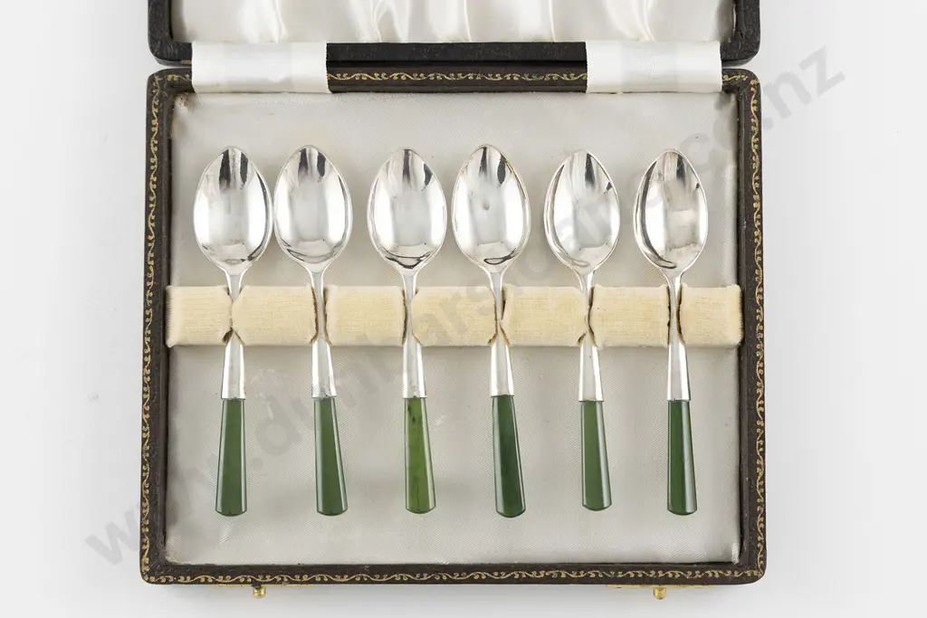 Cased Set Six S/S Greenstone Handled Coffee Spoons Image 1++
