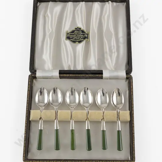 Cased Set Six S/S Greenstone Handled Coffee Spoons