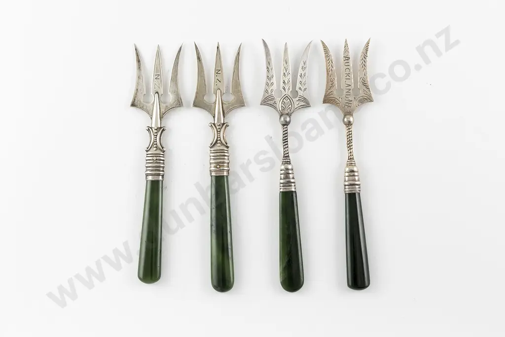 Two Pairs Of NZ S/S & Greenstone Handled Bread Forks Image 1++