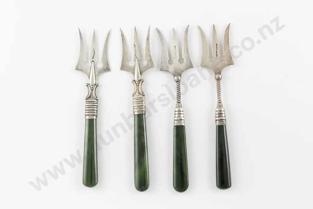 Two Pairs Of NZ S/S & Greenstone Handled Bread Forks Image 1++