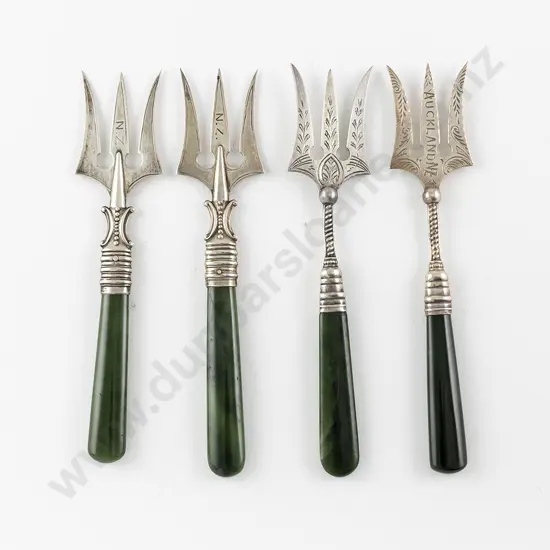 Two Pairs Of NZ S/S & Greenstone Handled Bread Forks
