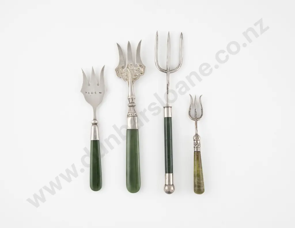 Four NZ & English & Greenstone Handled Bread Forks Image 1++