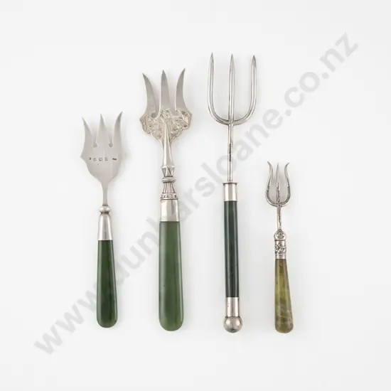 Four NZ & English & Greenstone Handled Bread Forks