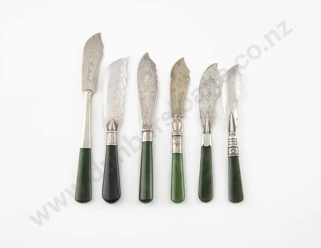 Three NZ & Three English S/S & Greenstone Handled Butter Knives Image 1++