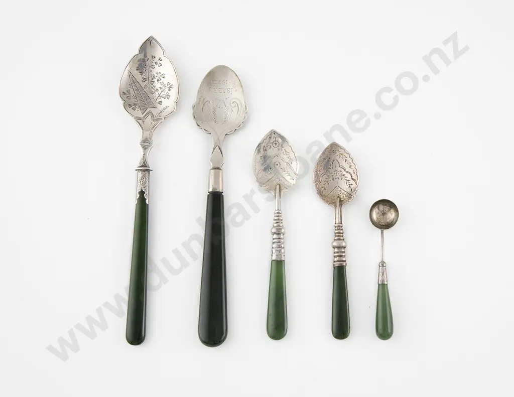 Two Large NZ S/S & Greenstone Handled Jam Spoons Image 1++