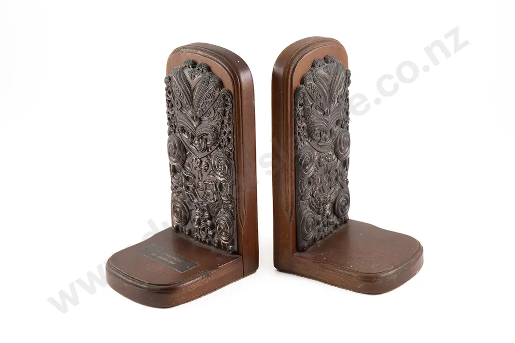Pair Of Bookends Applied With Ornate Copper Tiki Figures Image 1++