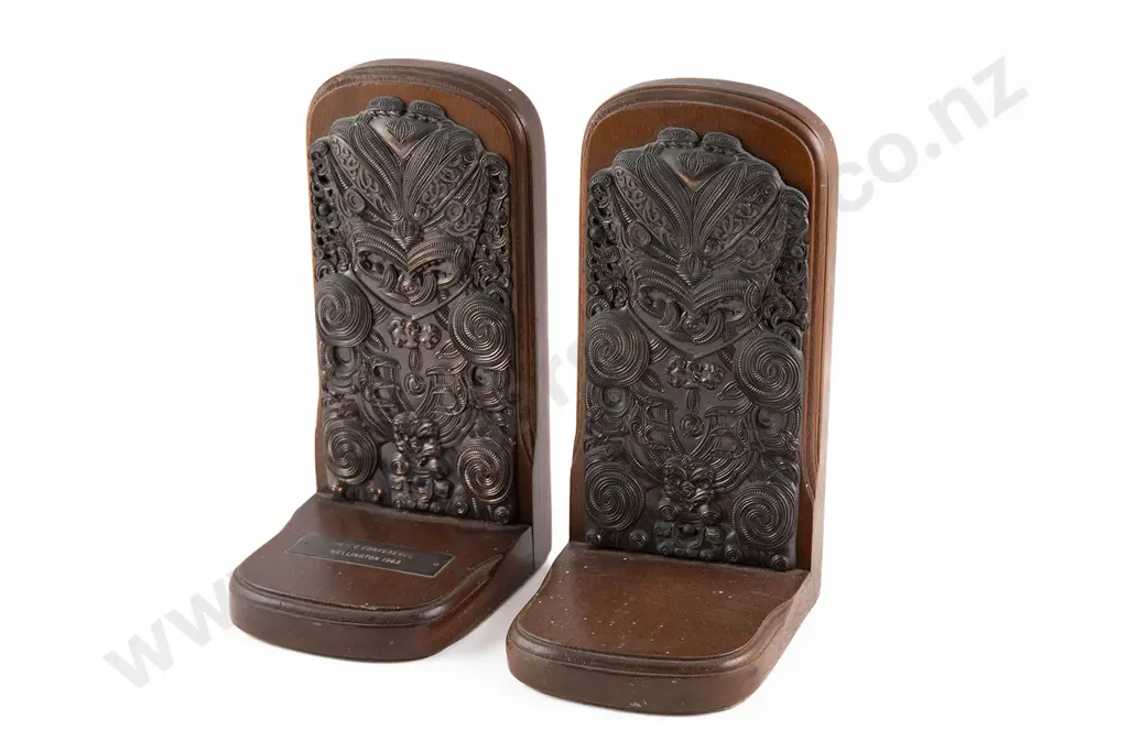 Pair Of Bookends Applied With Ornate Copper Tiki Figures Image 1++