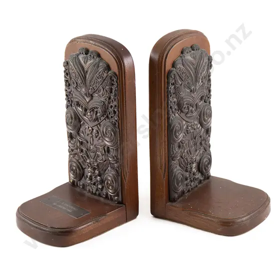 Pair Of Bookends Applied With Ornate Copper Tiki Figures