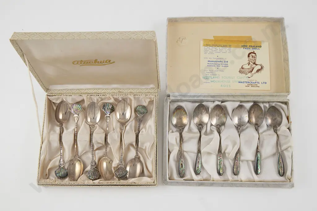 Two Boxed Sets Of Six NZ S/S & Paua Shell Coffee Spoons Image 1++