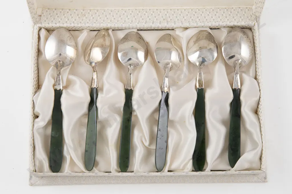 Boxed Set Of Six NZ S/S & Greenstone Handled Coffee Spoons Image 1++