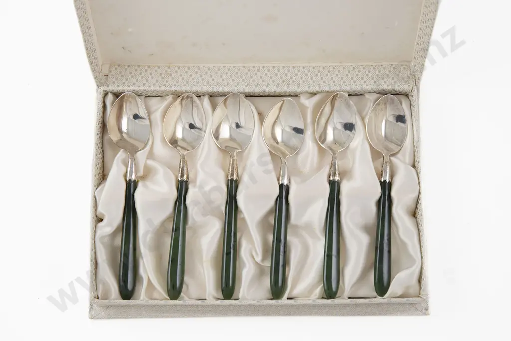 Boxed Set Of Six NZ S/S & Greenstone Handled Coffee Spoons Image 1++