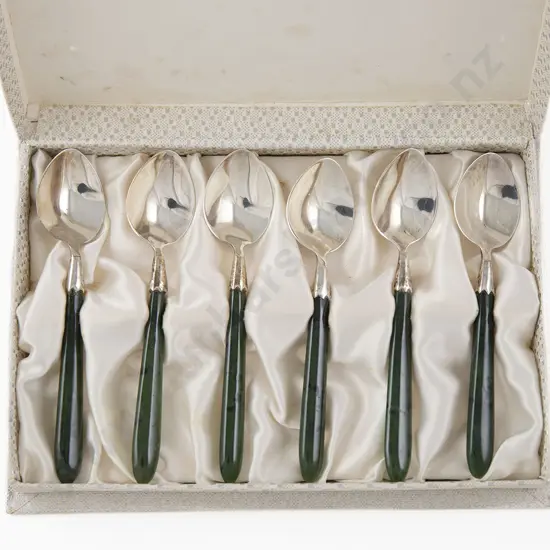Boxed Set Of Six NZ S/S & Greenstone Handled Coffee Spoons