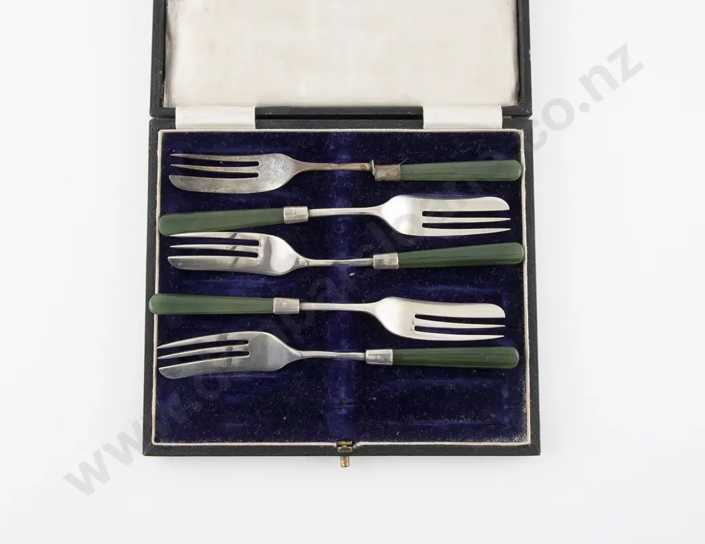 Cased Five S/S and Greenstone Handles Cake Forks Image 1++