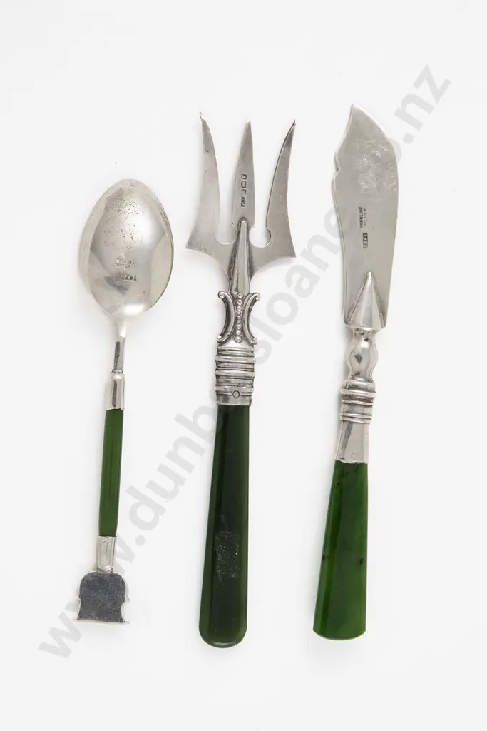 NZ S/S & Greenstone Handled Coffee Spoon & Butter Knife Image 1++
