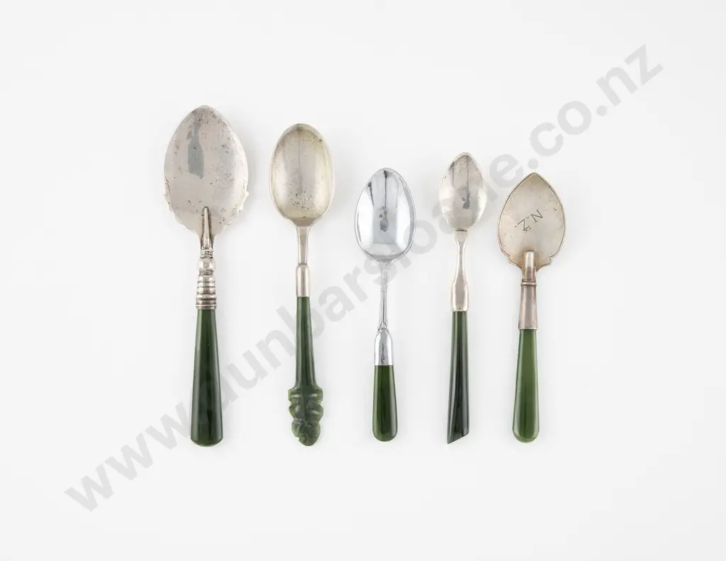 Four NZ S/S & Greenstone Handled Spoons Image 1++