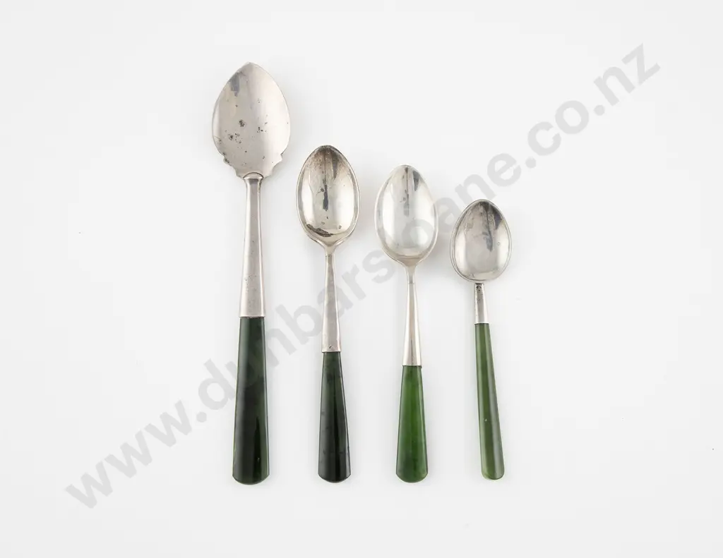 Four NZ S/S & Greenstone Handled Spoons Image 1++