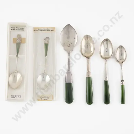 Two NZ S/S & Greenstone Handled Souvenir Spoons