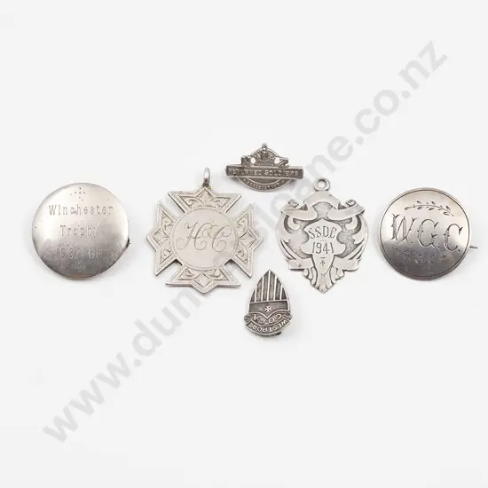 Six NZ Sterling Silver Badges and Fobs