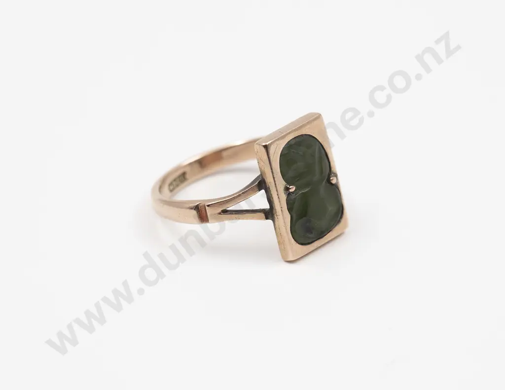 NZ 9ct Greenstone Tiki Ring Image 1++