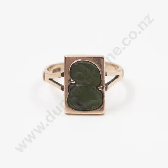 NZ 9ct Greenstone Tiki Ring