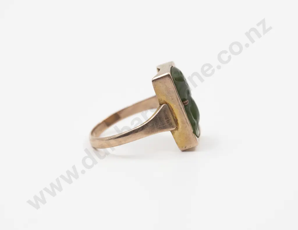 NZ 9ct Greenstone Tiki Ring Image 1++
