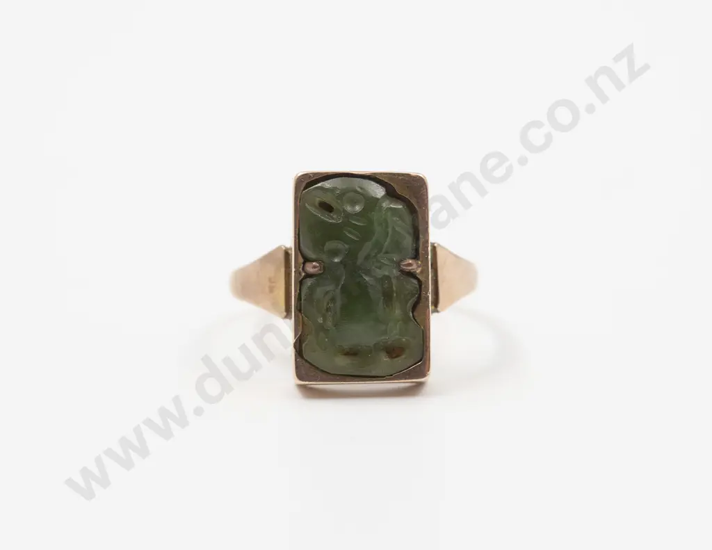 NZ 9ct Greenstone Tiki Ring Image 1++