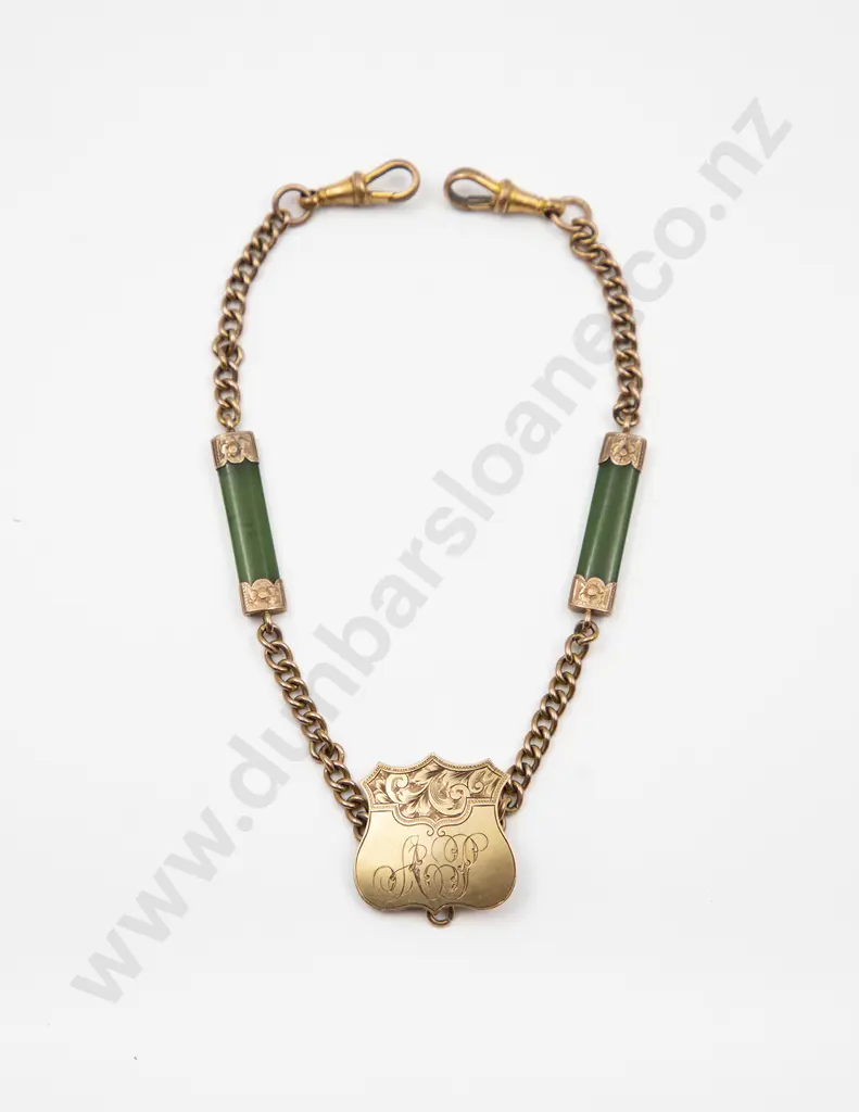 NZ 9ct and Greenstone Pocket Watch Fob Chain Image 1++