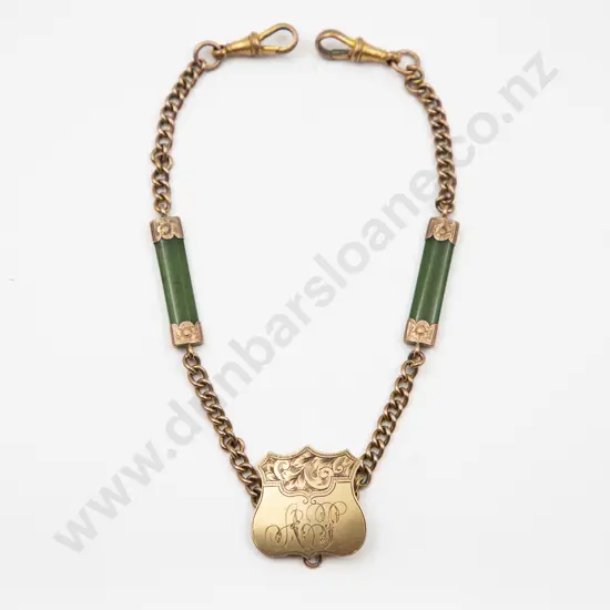 NZ 9ct and Greenstone Pocket Watch Fob Chain