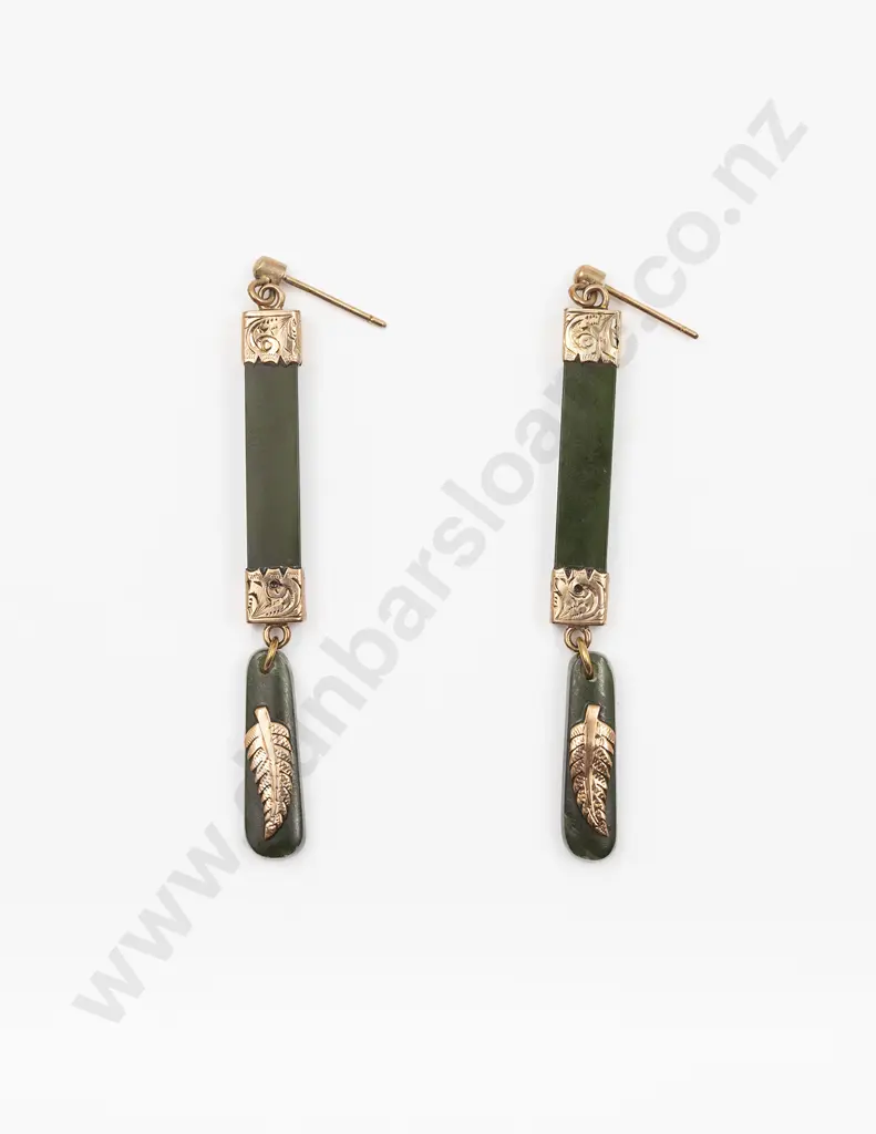 Pair NZ 9ct Mounted Greenstone Pendant Earrings Image 1++