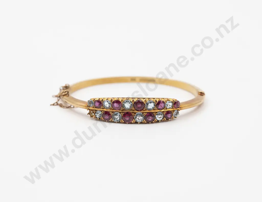 NZ Colonial 18ct 20stone Ruby and Aquamarine Hinged Snap Bangle Image 1++