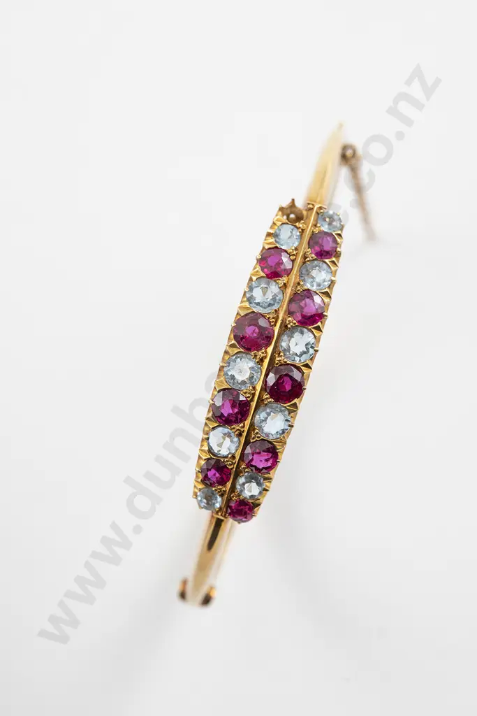 NZ Colonial 18ct 20stone Ruby and Aquamarine Hinged Snap Bangle Image 1++