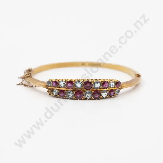 NZ Colonial 18ct 20stone Ruby and Aquamarine Hinged Snap Bangle