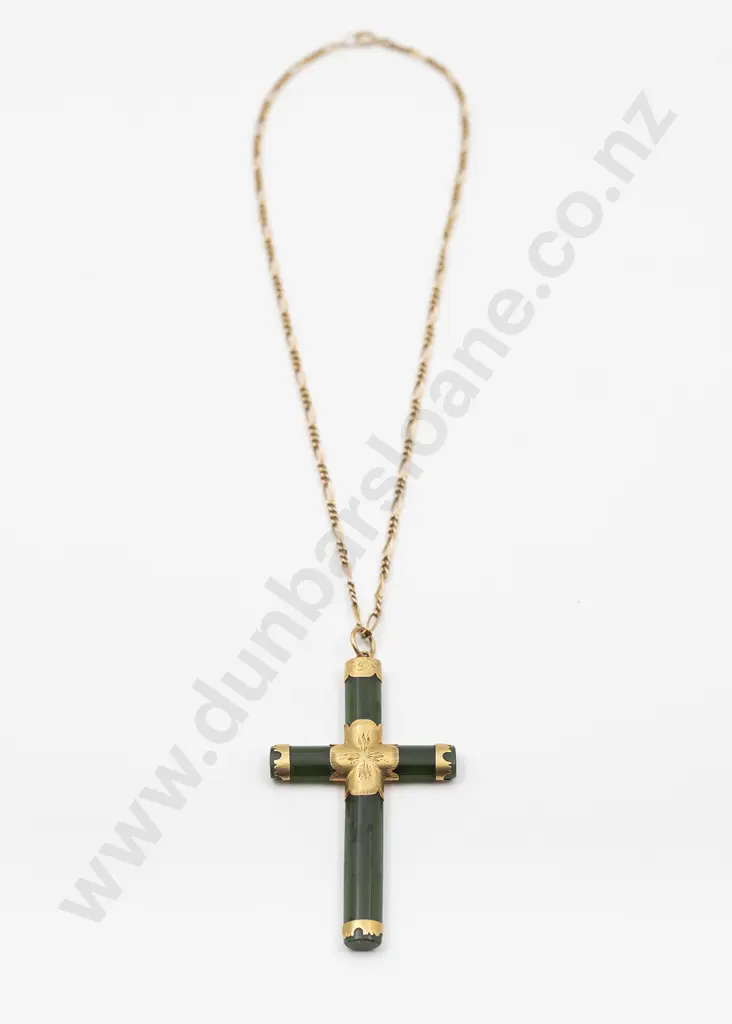 NZ Colonial Gold Mounted Greenstone Cross Image 1++