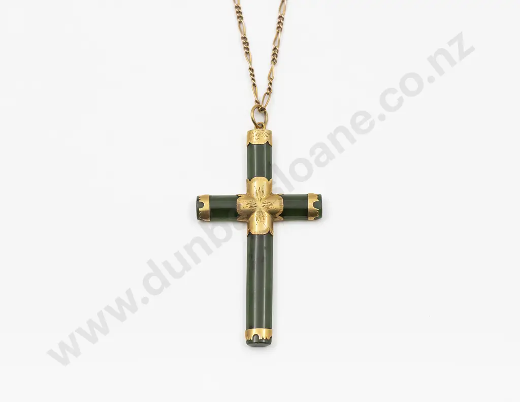 NZ Colonial Gold Mounted Greenstone Cross Image 1++