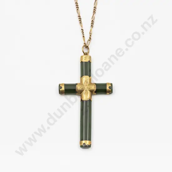 NZ Colonial Gold Mounted Greenstone Cross
