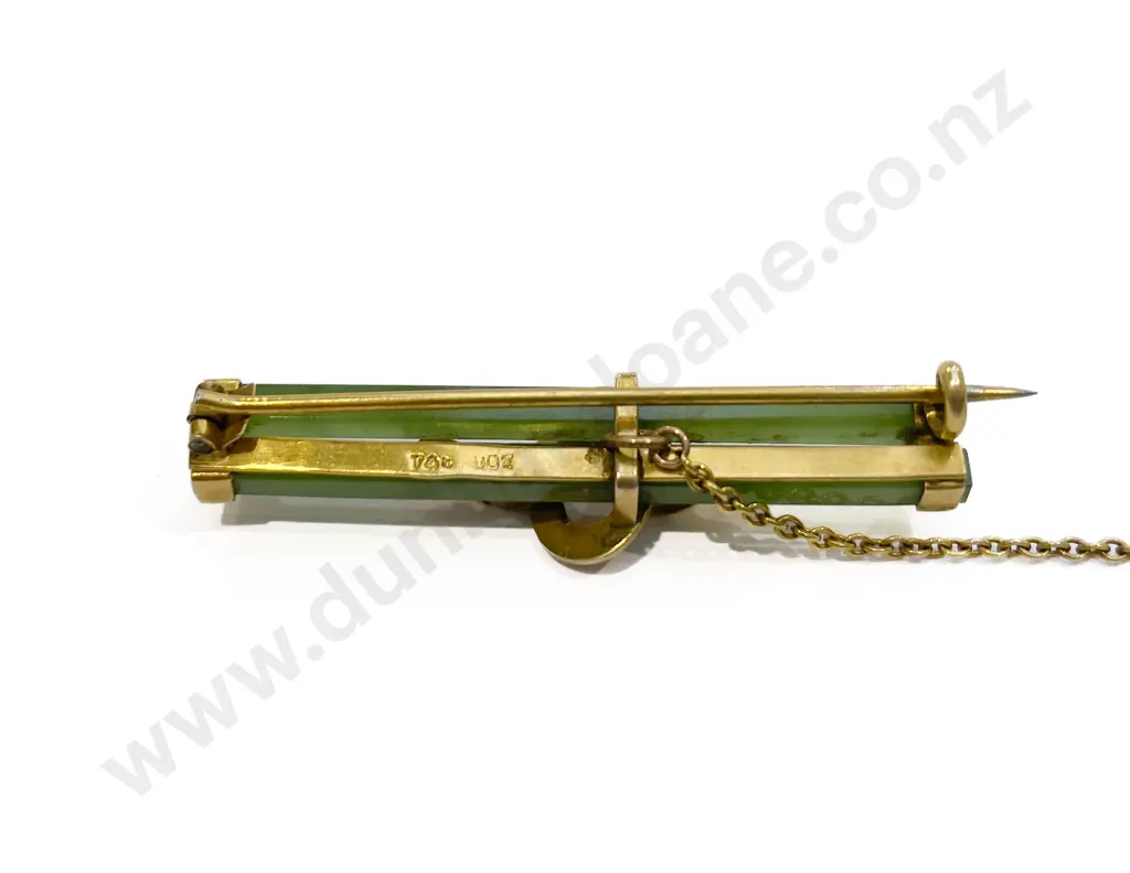 NZ Colonial 9ct Double Bar Greenstone Brooch Image 1++