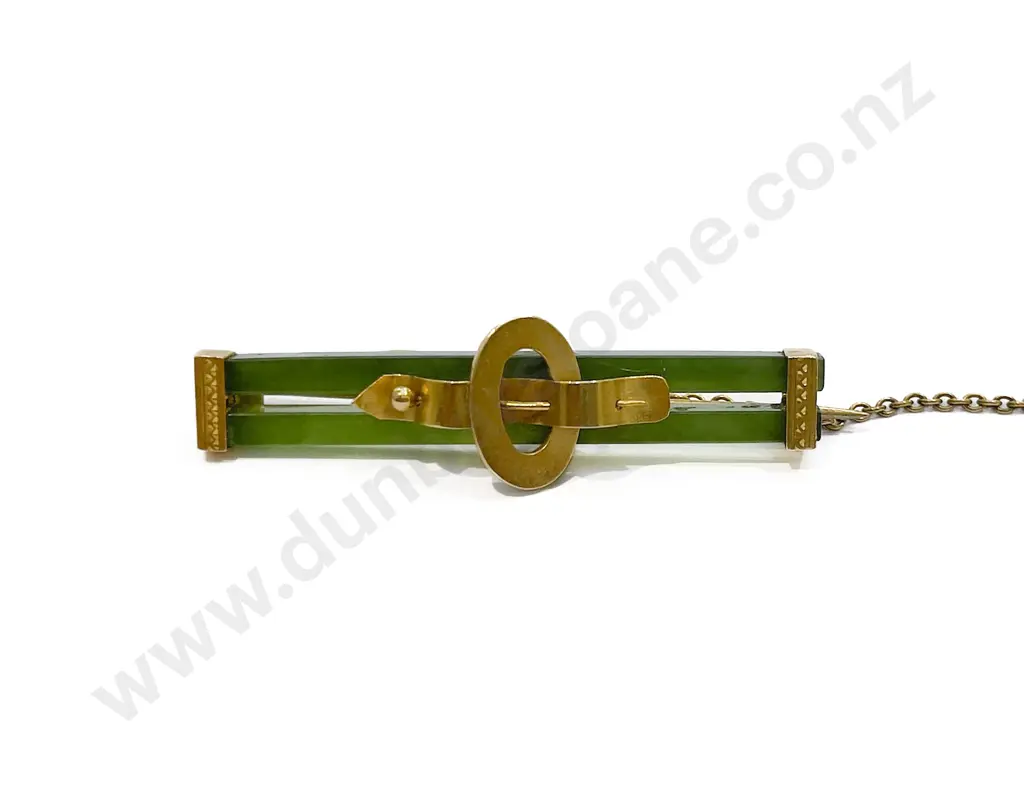 NZ Colonial 9ct Double Bar Greenstone Brooch Image 1++