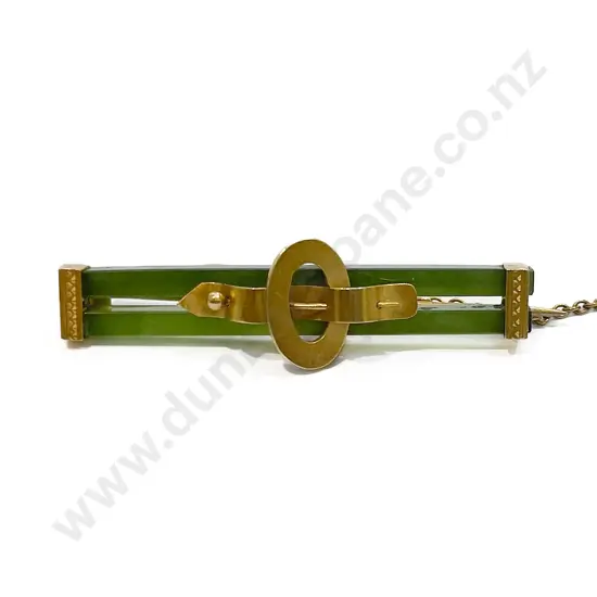 NZ Colonial 9ct Double Bar Greenstone Brooch