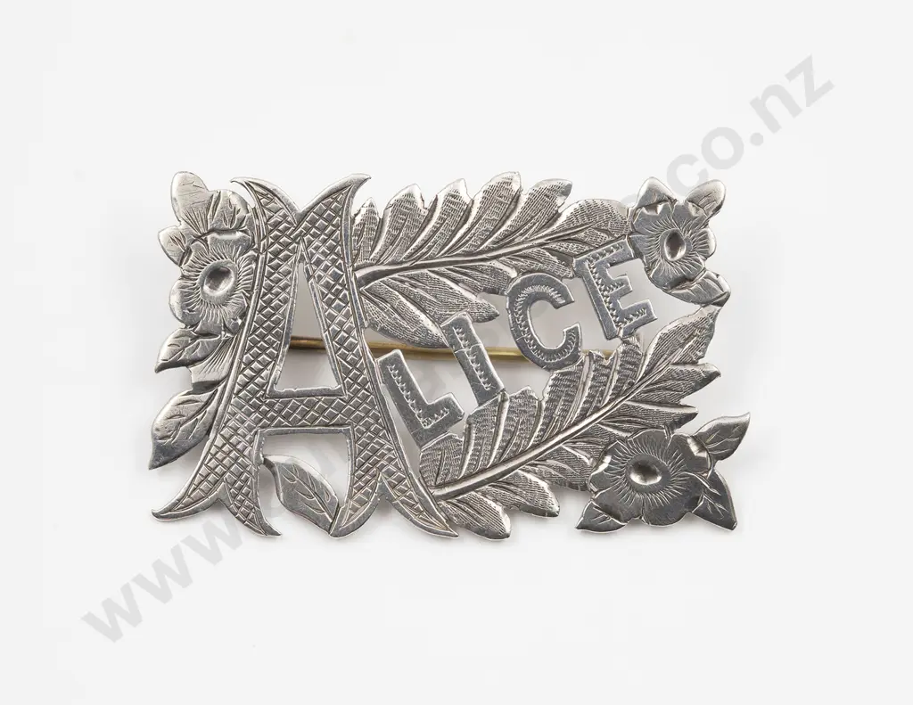 NZ Silver Name Panel Brooch 'Alice' Image 1++