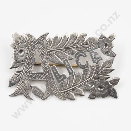 NZ Silver Name Panel Brooch 'Alice'