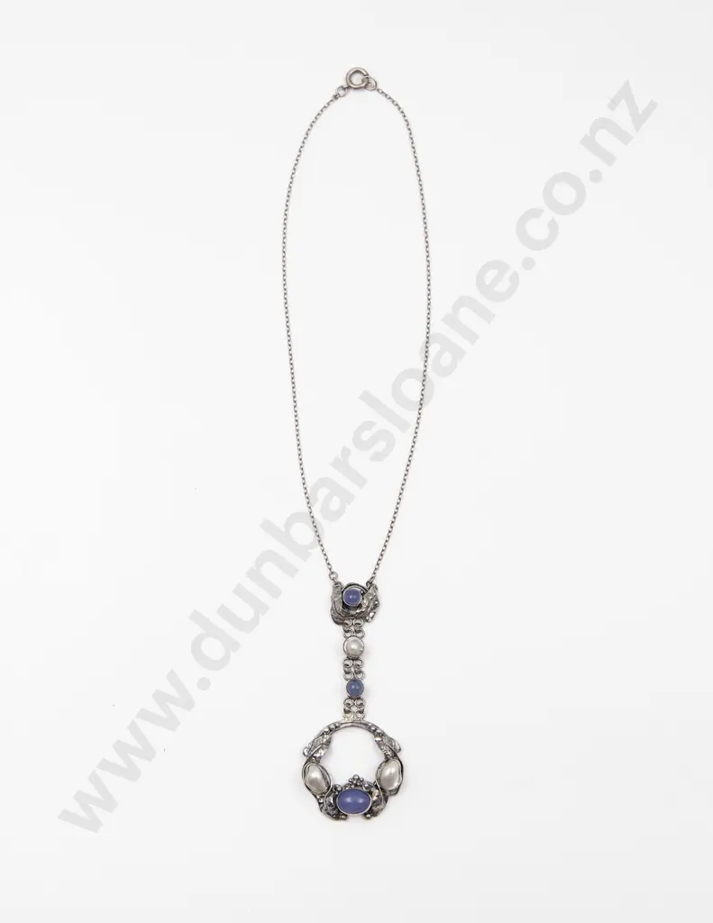 NZ Elsie Reeve Jeweller (1885 - 1927) S/S Blue Chalcedony and Pearl Pendant Image 1++