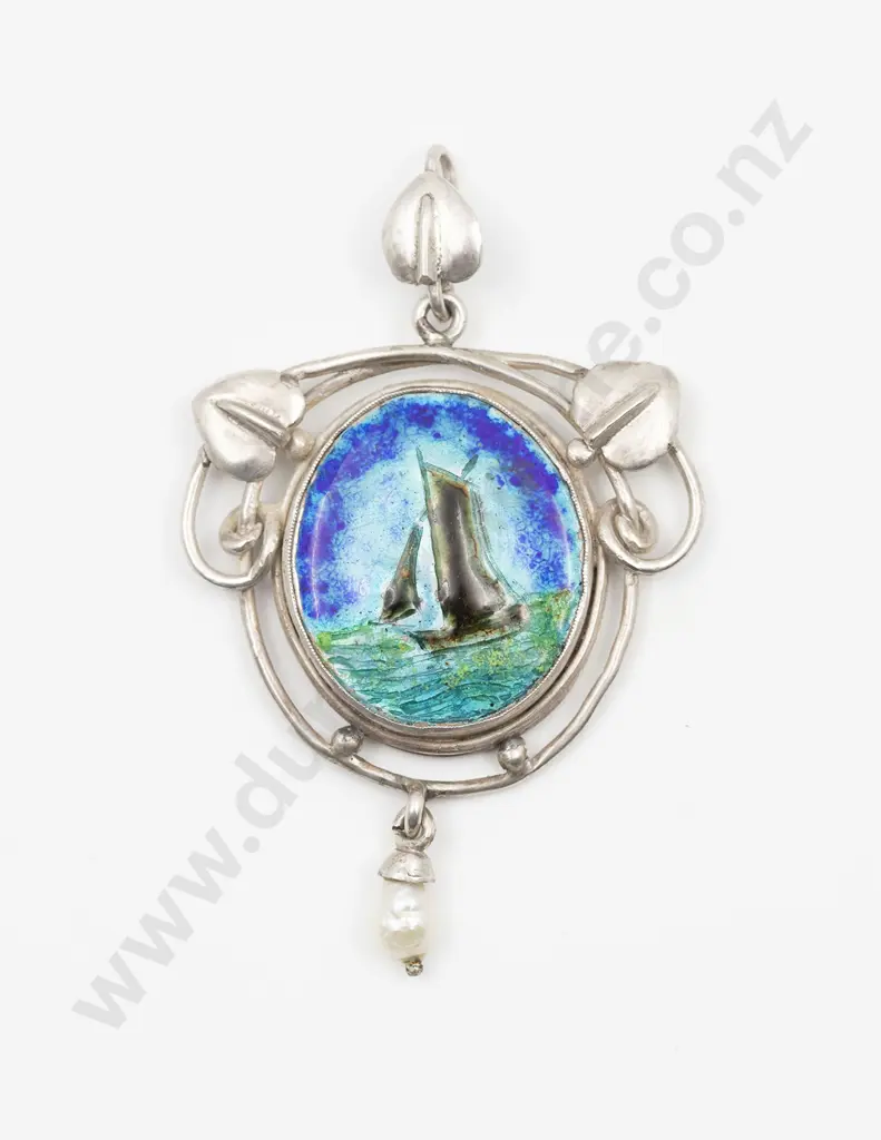NZ Silver Reuben Watts (1869 - 1940) Auckland Enamel Art Nouveau Pendant Image 1++
