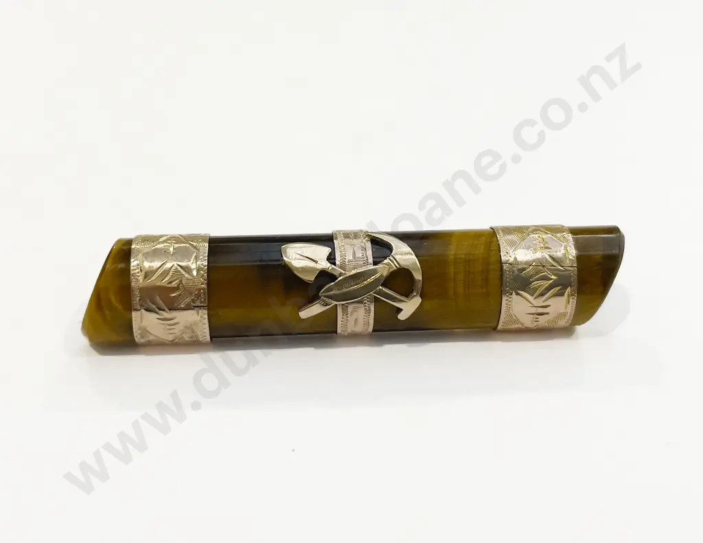 Cased NZ Colonial 9ct Tiger Eye Bar Brooch Image 1++