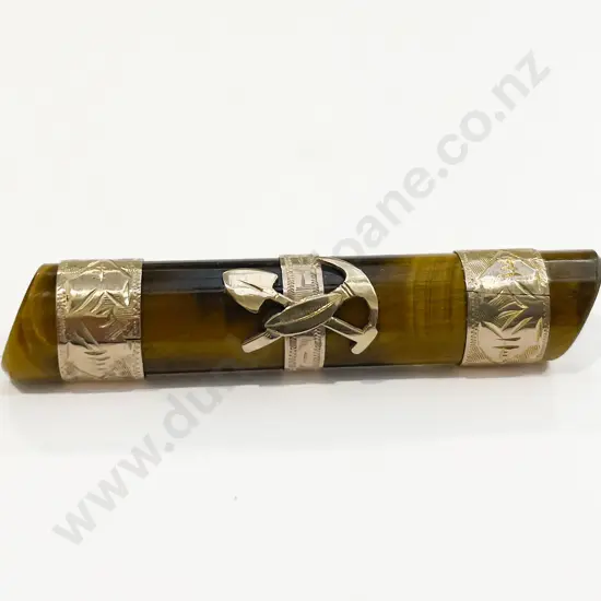 Cased NZ Colonial 9ct Tiger Eye Bar Brooch