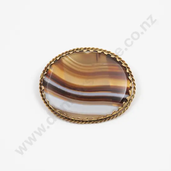 NZ 9ct Gold Banded Agate Panel Brooch