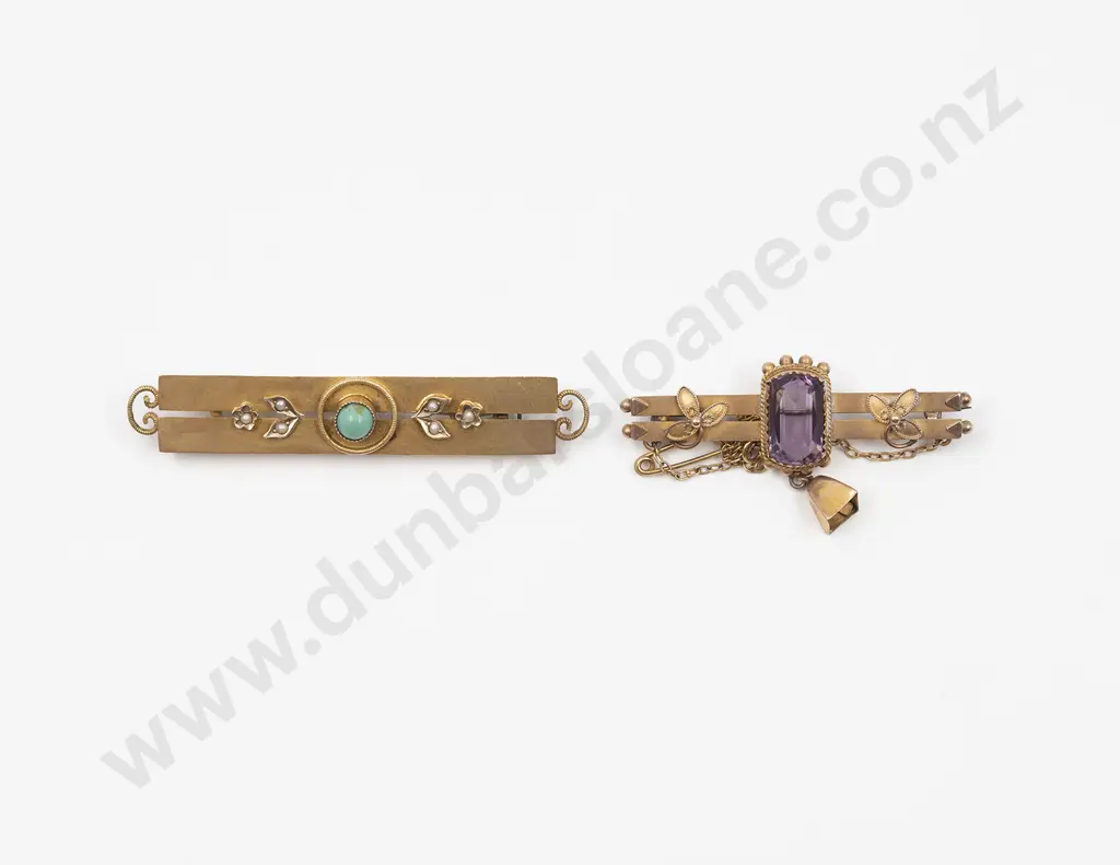 Two NZ 9ct Gold and Gem Bar Brooches Image 1++