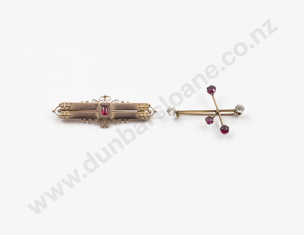 Two NZ 9ct Gold and Gem Bar Brooches Image 1++