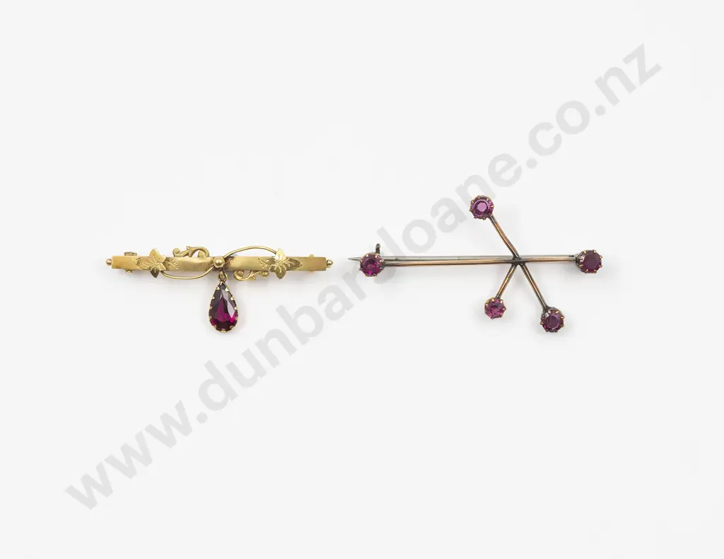 Two NZ 9ct Gold and Gem Bar Brooches Image 1++