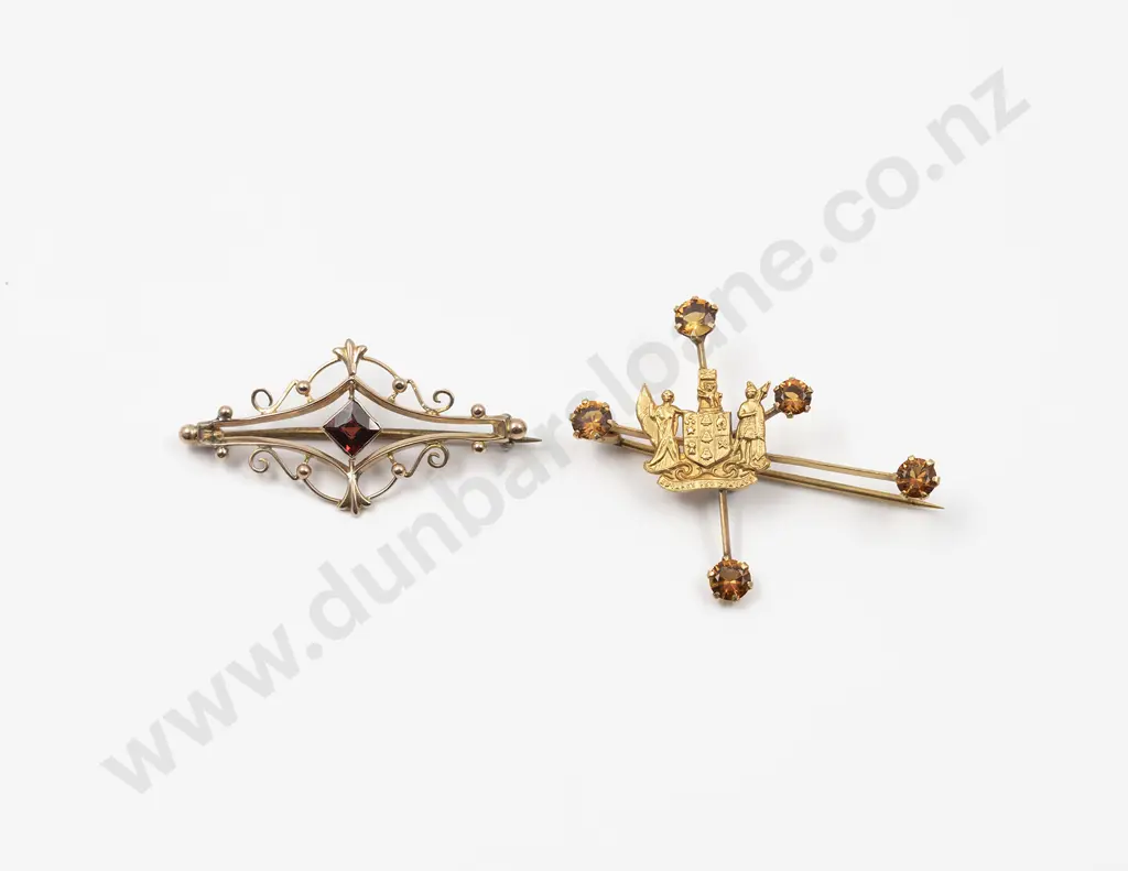 Two NZ 9ct Gold and Gem Bar Brooches Image 1++